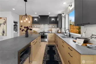 Large chief kitchen with hidden beverage fridge, custom cabinets and paneled appliances