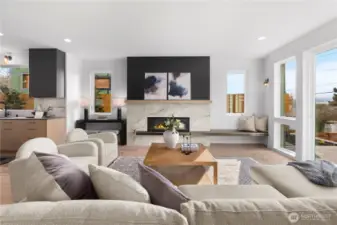 Large main living room featuring a Corten steel fireplace.