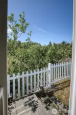 A look outside the sliding door into the side yard.