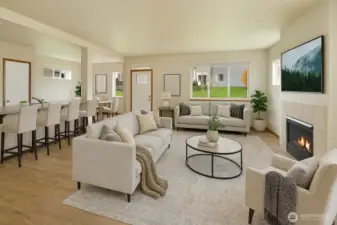 The best great room ever - dining area is to the right of the large kitchen island. Photo has been virtually staged.