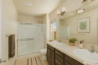 Primary bath. Photo has been virtually staged.