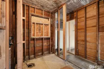Plumbing roughed in and privacy window framing complete. Bath ready for your design.