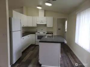 A Different View of the Very Large Open Island Kitchen with White Cabinets and Appliances. New LED Lighting, Newer Counter Tops and Vinyl Plank Flooring.