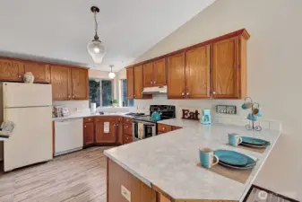 Large U Shaped kitchen area. Easy care laminate flooring. Corner windows bring in ample natural lighting. Plenty of storage and prep space. Breakfast bar area for the quick meals if needed.
