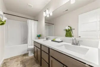 Hall bath with dual sinks
