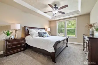 This main floor primary suite is your cozy retreat from the hustle and bustle of life. Elegant touches like a tray ceiling add to overall ambiance of this peaceful space.