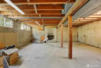Unfinished basement w/ Wood burning fireplace