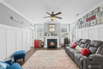 Large family room with gas fireplace
