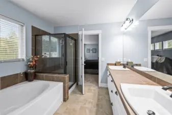 Primary bathroom with soaking tub and walk in closet