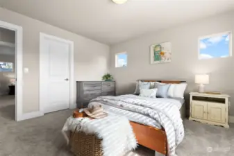 The upper-level bedrooms are designed to evoke a sense of tranquility and beauty, with calming earth-toned colors adorning both the walls and the carpeting. These soothing hues create a serene atmosphere that promotes relaxation and rejuvenation, making the bedrooms the perfect retreat after a long day.