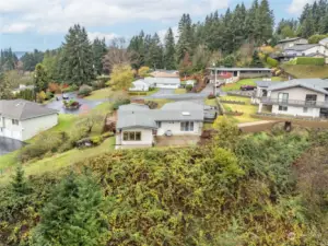 Back view of home; brush is lovely and stabilizes hillside.