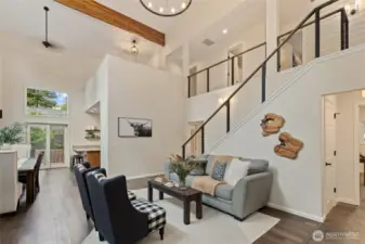 Great room with 27' exposed beams