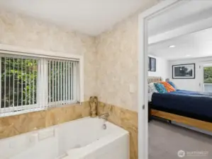 Lower level Primary Bathroom Suite - lovely full bathroom, dual-headed shower & large soaking tub.