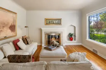 Formal living room with leaded glass picture window