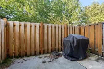 The fenced concrete patio includes a secure gate, creating a private outdoor retreat. It’s the perfect spot for grilling, lounging, or simply enjoying fresh air.