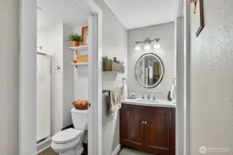 Vanity is separate from shower room. Nice lighting & mirror.