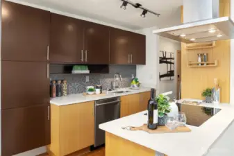 Microwave tucked within the cupboard - a great hiding nook to keep the counters streamlined!