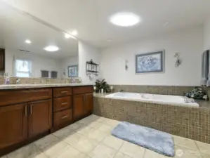 Attached primary bath w/ Jacuzzi tub. Also shower. Granite countertops. Two sinks.