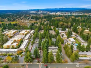 View from Crossroads Mall showing the main entry into the Ironwood condominiums at the stoplight