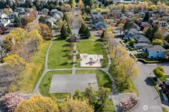 Park has full court basketball, playground, large grass areas and large covered gazebo.
