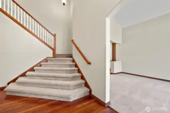 Front entryway with dramatic staircase. To left of shot is the coat closet