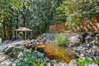 Koi pond and gazebo with firepit