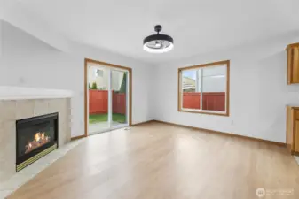 Corner gas fireplace in living room. New light fixture/fan instakked.