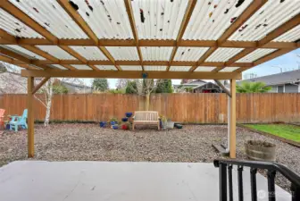 Covered patio looking outward. Stay dry during the wet and rainy PNW fall and winter seasons.