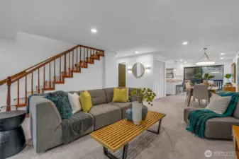 Such a great space to entertain friends.  Open concept allows flow and function. Can lighting makes the space feel open and inviting. New carpet and interior paint.