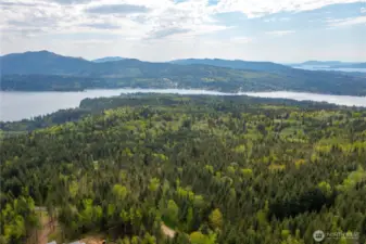 Aerial View from Lot 8 looking towards Lake Whatcom & Mountains beyond, Islands and Bay in the distance