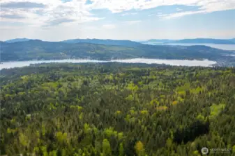 Aerial View from Lot 8 looking towards Lake Whatcom & Mountains beyond, Islands and Bay in the distance