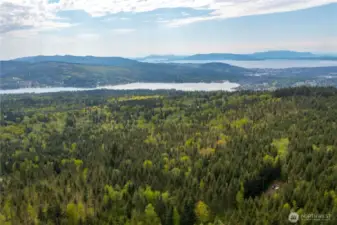 Aerial View from Lot 8 looking towards Lake Whatcom & Mountains beyond, Islands and Bay in the distance
