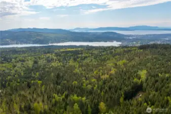 Aerial View from Lot 8 looking towards Lake Whatcom & Mountains beyond, Islands and Bay in the distance