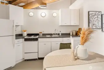 Fridge, electric stove, and sink.