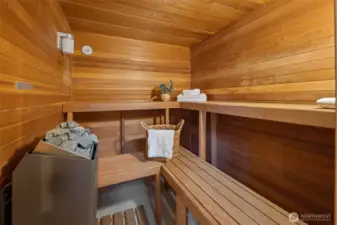 The pool room also features this wonderful sauna, as well as a steam shower, a three quarter bathroom, and a small kitchen with a stove, sink and fridge!