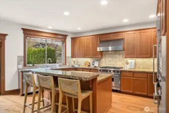 A home chef's dream and delight! Abundance of cabinets that boast undermount lighting, generous prep space, extensive counters, and center island with barstool seating