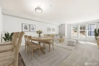 Light-filled living space with open floor plan. (Virtually Staged)
