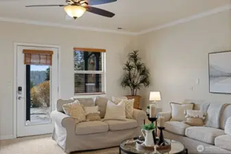 The downstairs is so great! This is the living room with access to the covered patio an uncovered private deck.