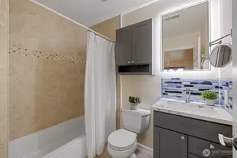 Full primary bathroom on lower level.