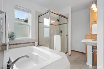 Your primary ensuite, with soaking tub, glass surround shower, and built-in cabinetry.