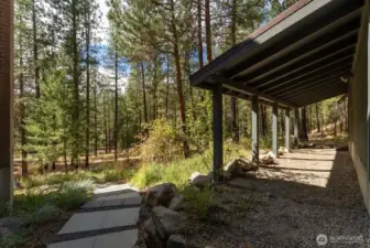 Stone walkway from Garage and lean to shed covered area to lower terrace.