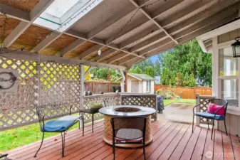 Fully covered back patio on raised deck. Skylights above for more light.