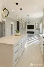 View from kitchen to the nook and family room