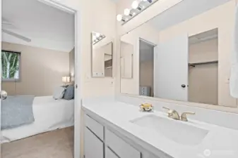 Primary suite vanity with new quartz countertops