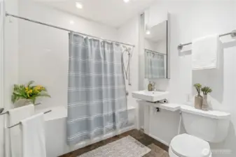 The large bathroom is a perfect way to end the day with a long, soothing bath.