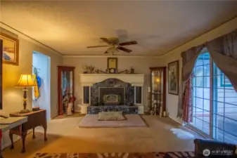 Custom built slate fireplace surround and mantle. Rope lighting above the crown molding.