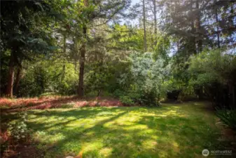 large back yard with mature landscaping fenced