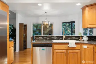 Granite counter tops and views of the lush green from every window.