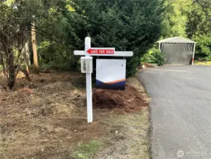 A trail starts on the left side of this row of evergreens and goes down to the second lot.