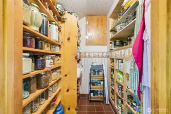 Walk-in pantry has pull out shelves that maximizes space, and lots of shelves for non-perishables and home canned goods.